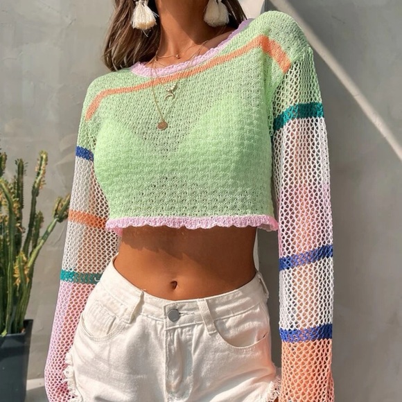 Striped Pattern Colorblock Drop Shoulder Scallop Trim Crop Sweater - Picture 4 of 6